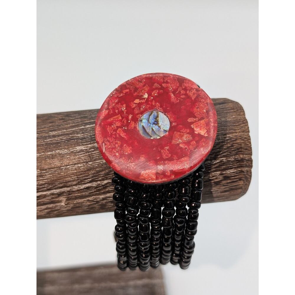Red Coral Abalone Shell Black Glass Bead Multi-Strand Wire Cuff Bracelet
